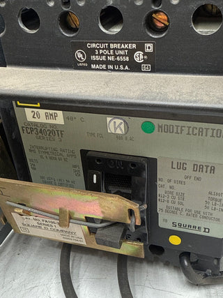 Square D Model 5 9" 20A Feeder MCC Bucket FCP34020TF Breaker 20 Amp Used