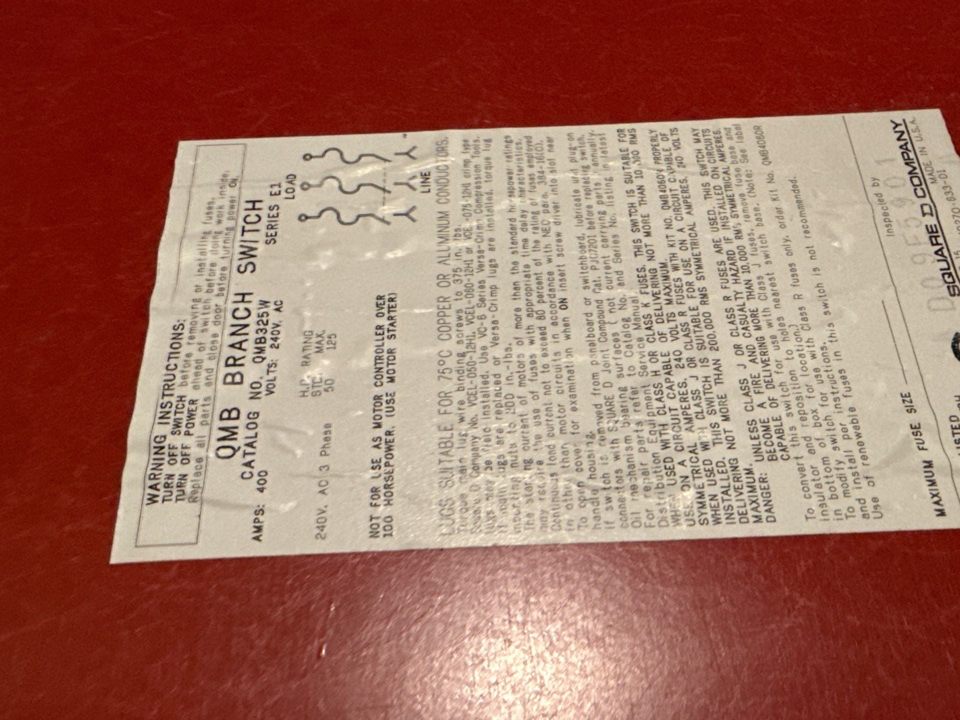 Square D QMB325W QMB Branch Panel Switch 400A 3P 240V 400 Amp 3 Pole Used