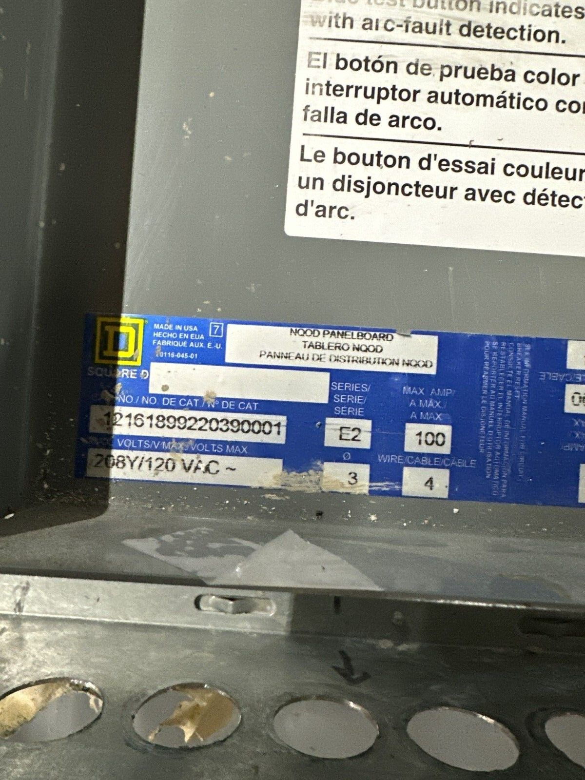 Square D NQOD Panelboard 100A 208Y/120V 3PH 4W 100 Amp Main Lug MLO 42 Circuit P263 Used