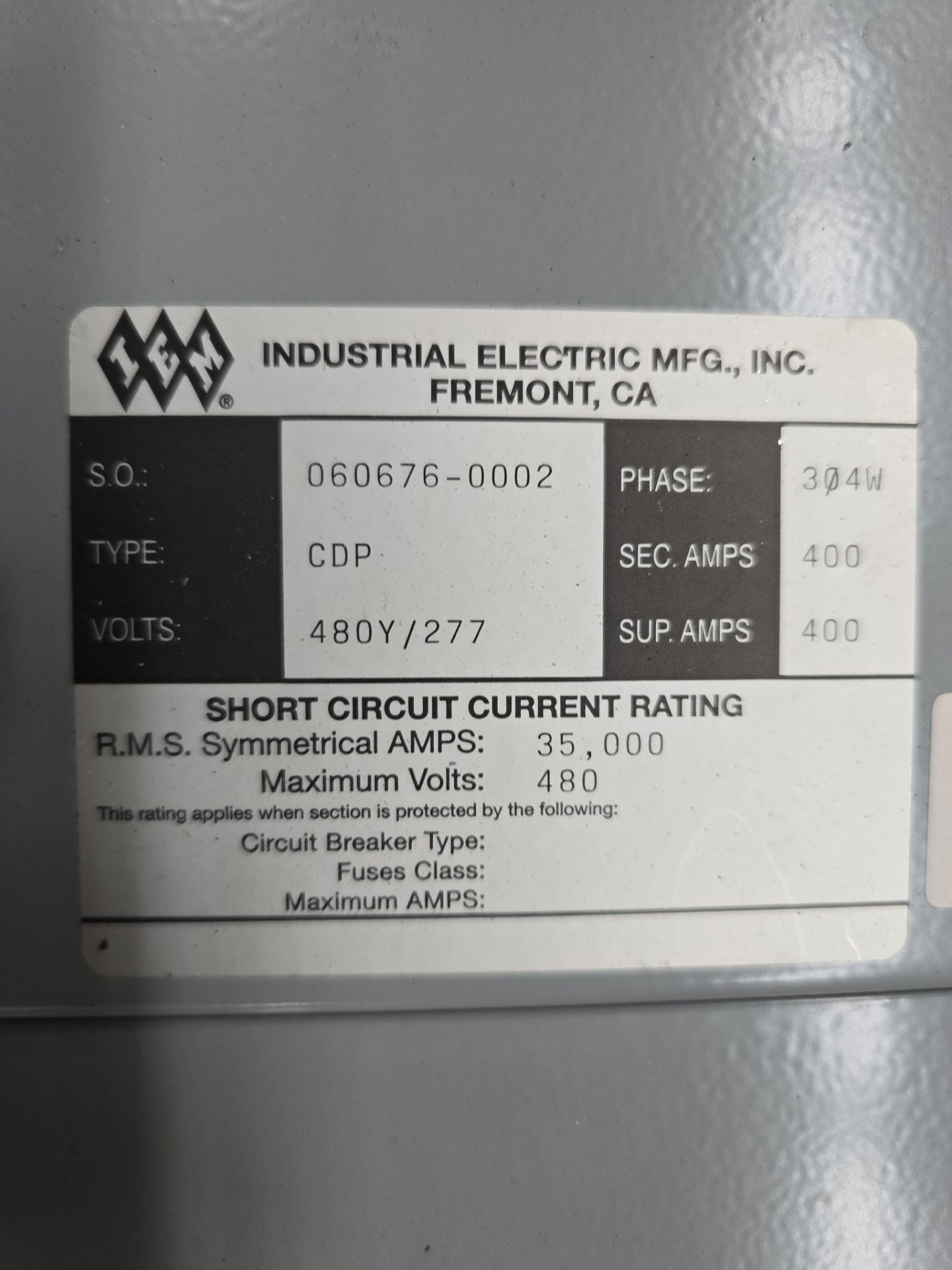 IEM CDP Panelboard 400A 480/277V 3PH 4W MLO 400 Amp Panel Indoor Used