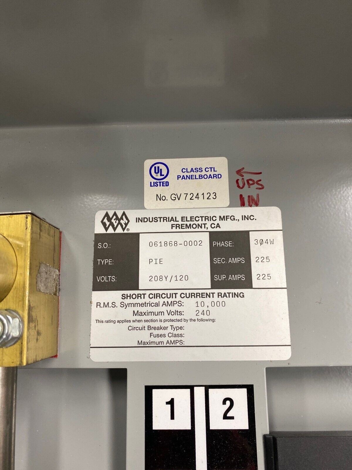 IEM PIE Panelboard 225A 208Y/120V 3PH 4W 12 Circuit Indoor Encl MCB 225 Amp P457 Used