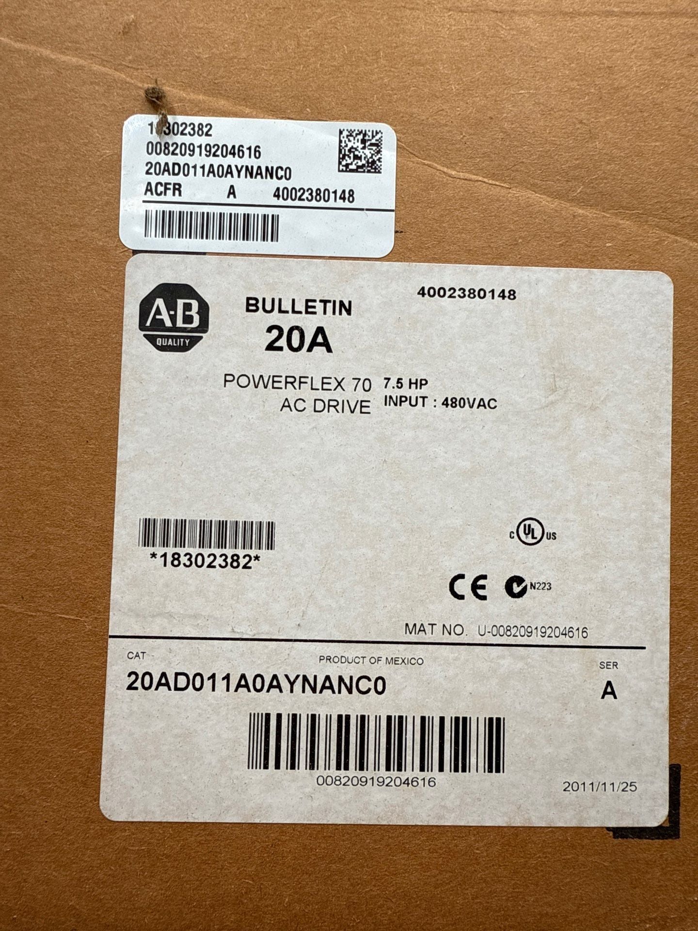 Allen Bradley 20AD011A0AYNANC0 PowerFlex 70 VFD 7.5HP 480V 11A 3PH New