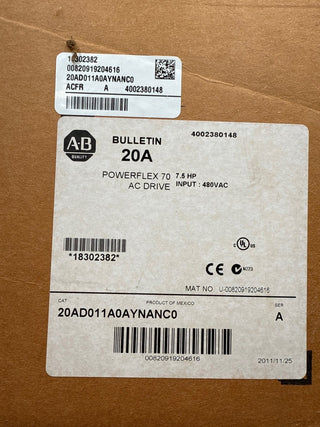 Allen Bradley 20AD011A0AYNANC0 PowerFlex 70 VFD 7.5HP 480V 11A 3PH New