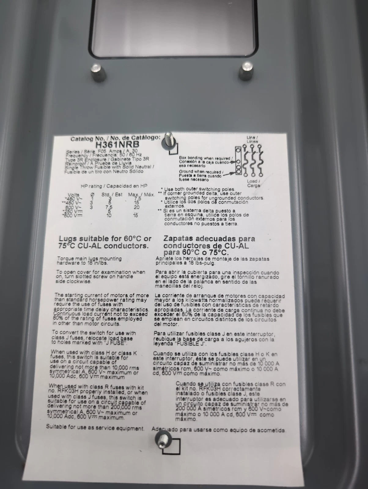 Square D H361NRB Safety Disconnect Switch 30A 3P 600V Type 1 Encl with Window New