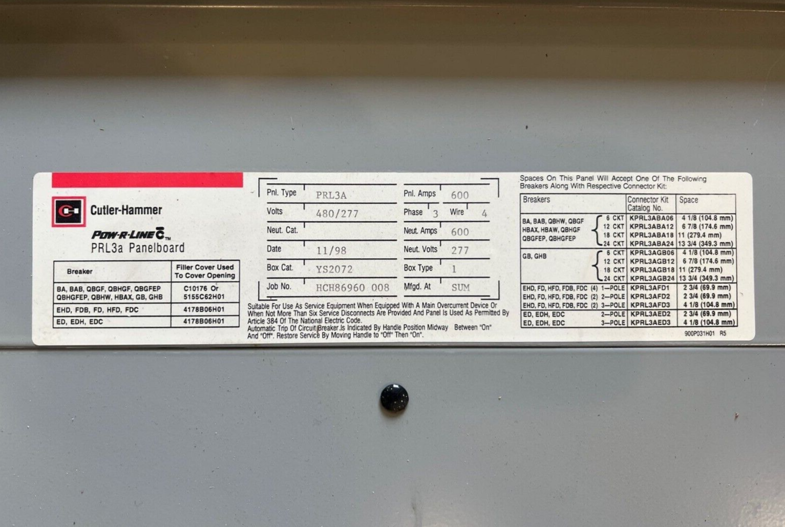 Cutler Panelboard PRL3A Panelboard 600A 480/277V 3PH 4W 42 Circuit MLO Indoor P665 Used