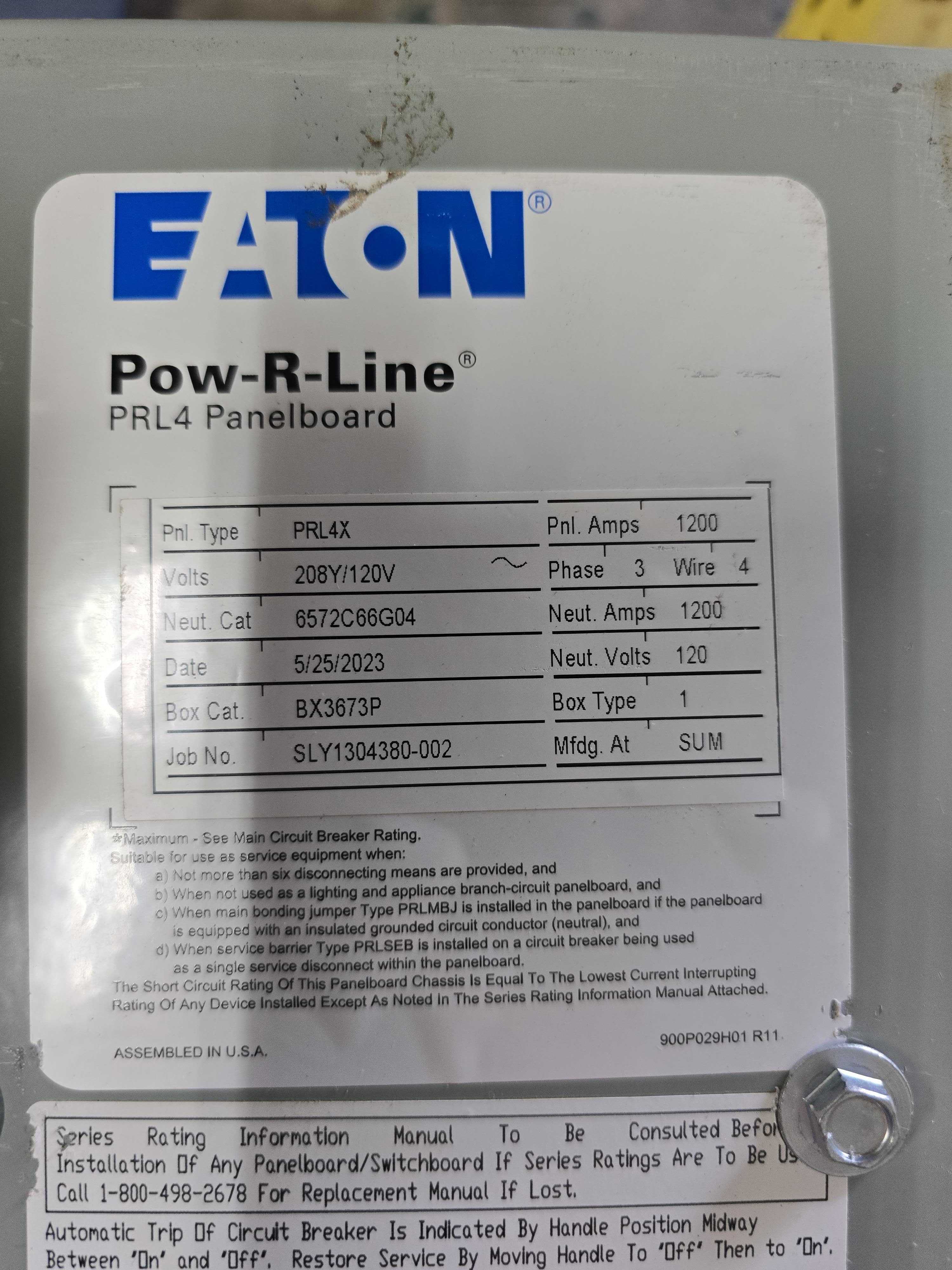Eaton PRL4X Panelboard 1200A 208/120V 3PH 4W MCB Main PDG53M1200E4RN P703 New