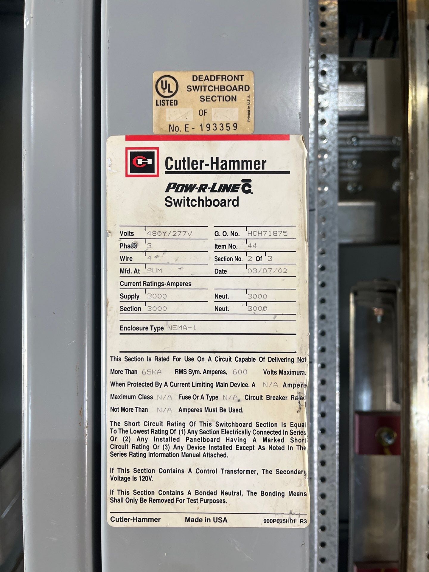 CH PRLC Switchboard 3000A 480/277V 3PH 4W 3000 Amp MCB W/ Distribution Used