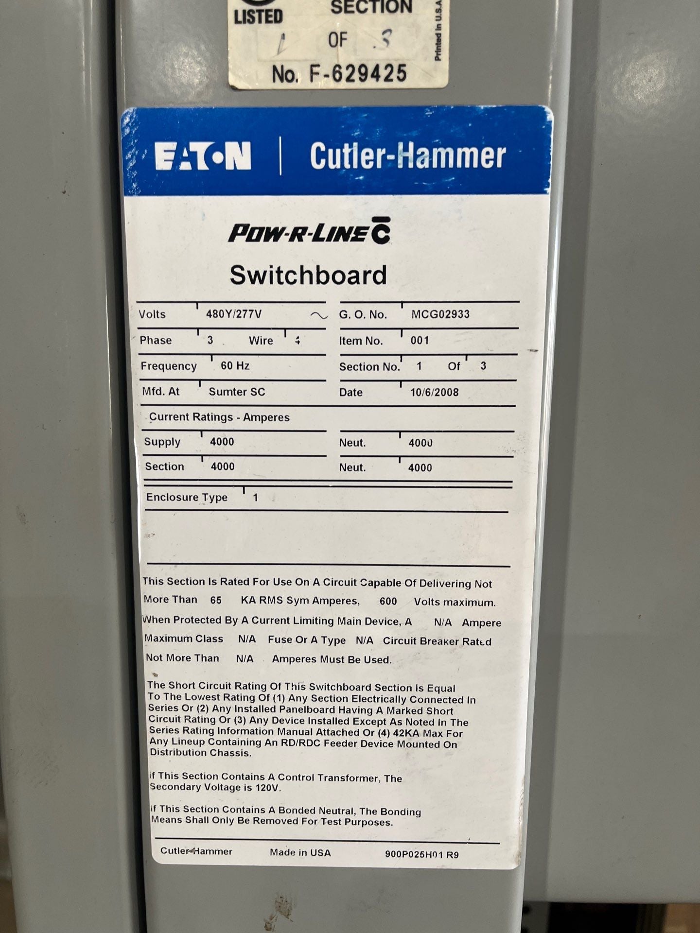 Eaton PRLC Switchboard 3000A 480/277V 3PH 4W MDS6303HEA W/ Distribution LSIG Used