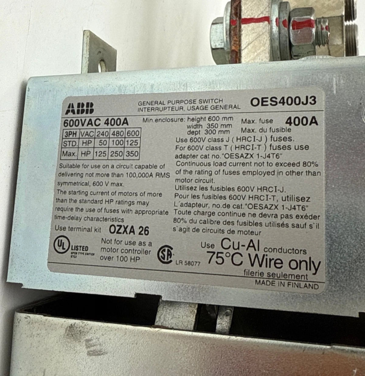 ABB OES400J3 Fused Disconnect Switch 400A 3P 600V 3PH 350HP 400 Amp Fuses AJT250 Used