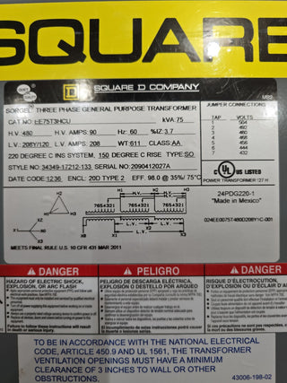 75KVA Square D EE75T3HCU Transformer Pri 480V Sec 208/120V 3PH Indoor Encl New New