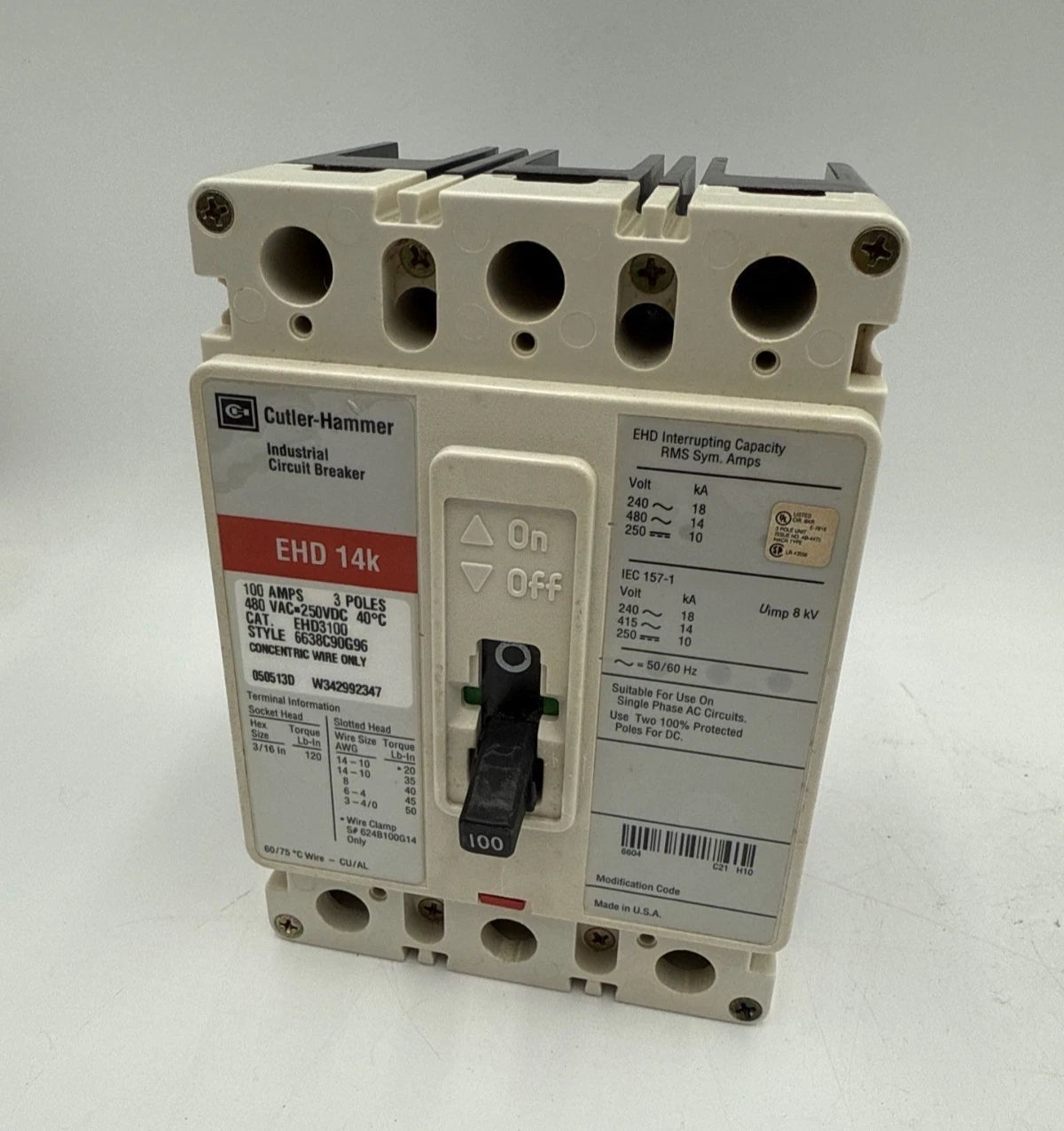 Cutler Hammer EHD3100 Circuit Breaker 100A 3P 480V 3PH EHD 100 Amp 3 Pole Used Used