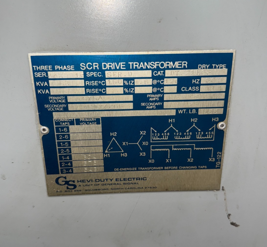 63KVA Hevi Duty DT621H63 Transformer Pri 575V Sec 460/266V 3PH Indoor Encl Used