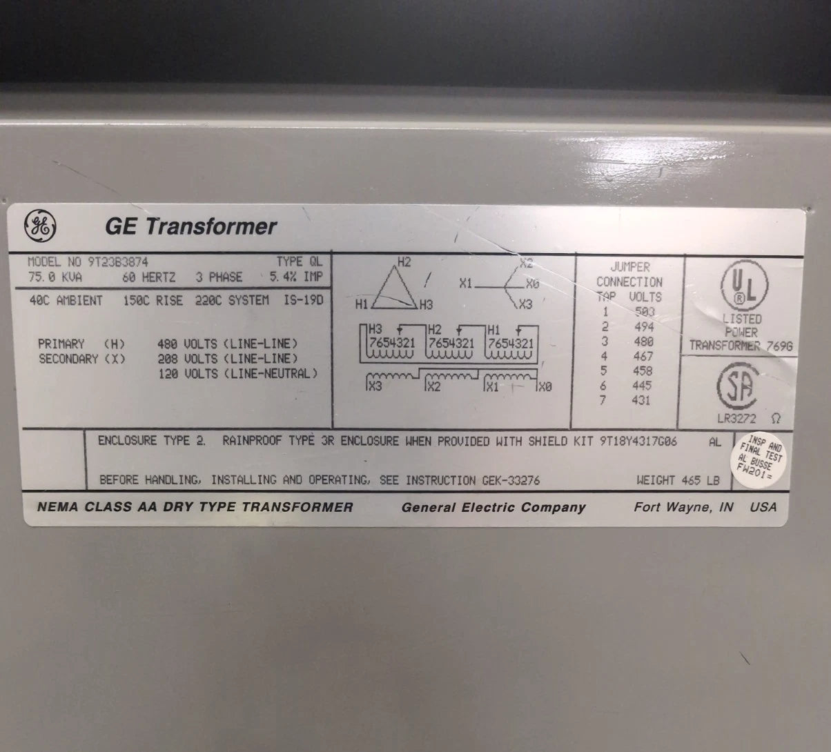 75KVA GE Transformer 9T23B3874 3PH Pri 480V Sec 208/120V Type QL Indoor Encl Used