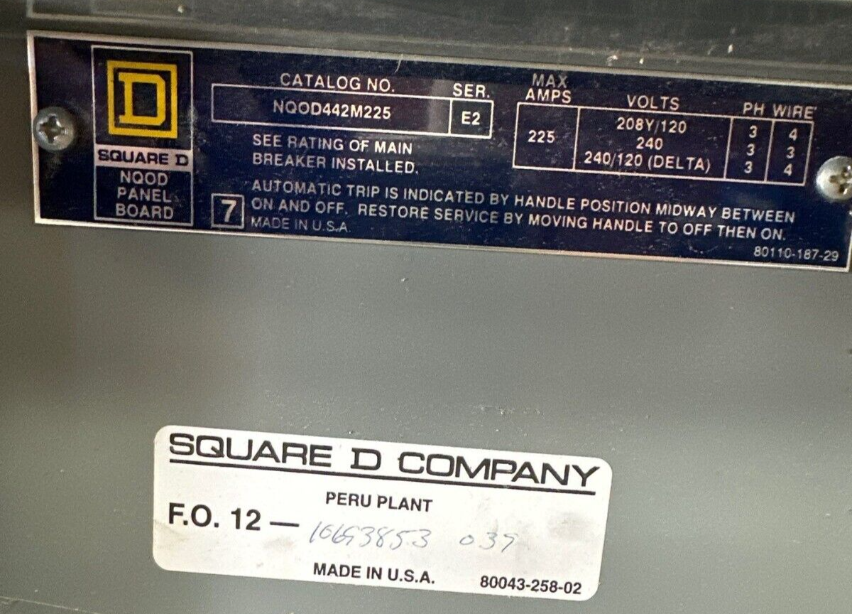 Square D NQOD442M225 NQOD Panelboard 225A 208Y/120V 3PH 4W Main MCB Q2L3100 P397 Used