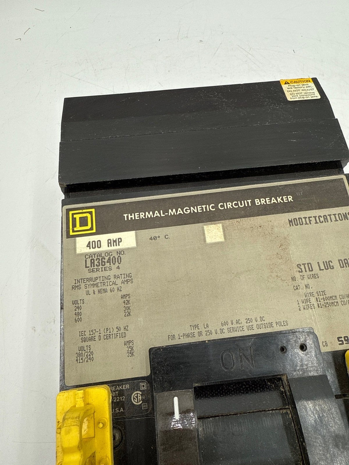 Square D LA36400 Circuit Breaker 400A 3P 600V 3PH LA I-Line 400 Amp 3 Pole Gray Used