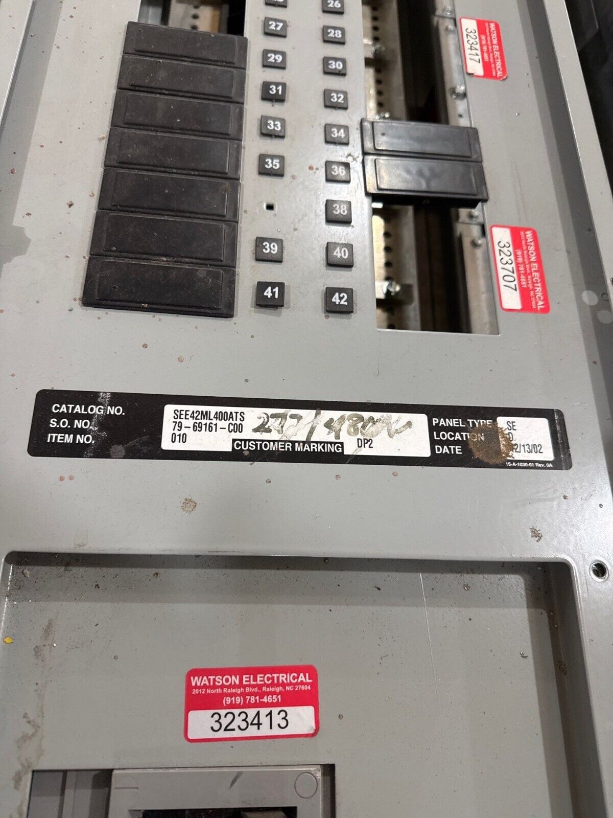 Siemens SEE42ML400ATS Panelboard 400A 480/277V 3PH 4W 42Cir MCB Indoor Encl P662 Used