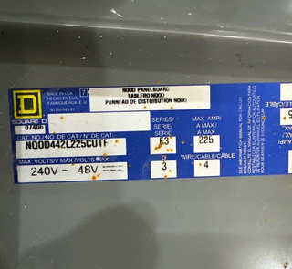 SQD NQOD442L225CU NQOD Panelboard 225A 240V 3PH 4W 42 CIR MCB QBL3225 225 AMP P508 Used