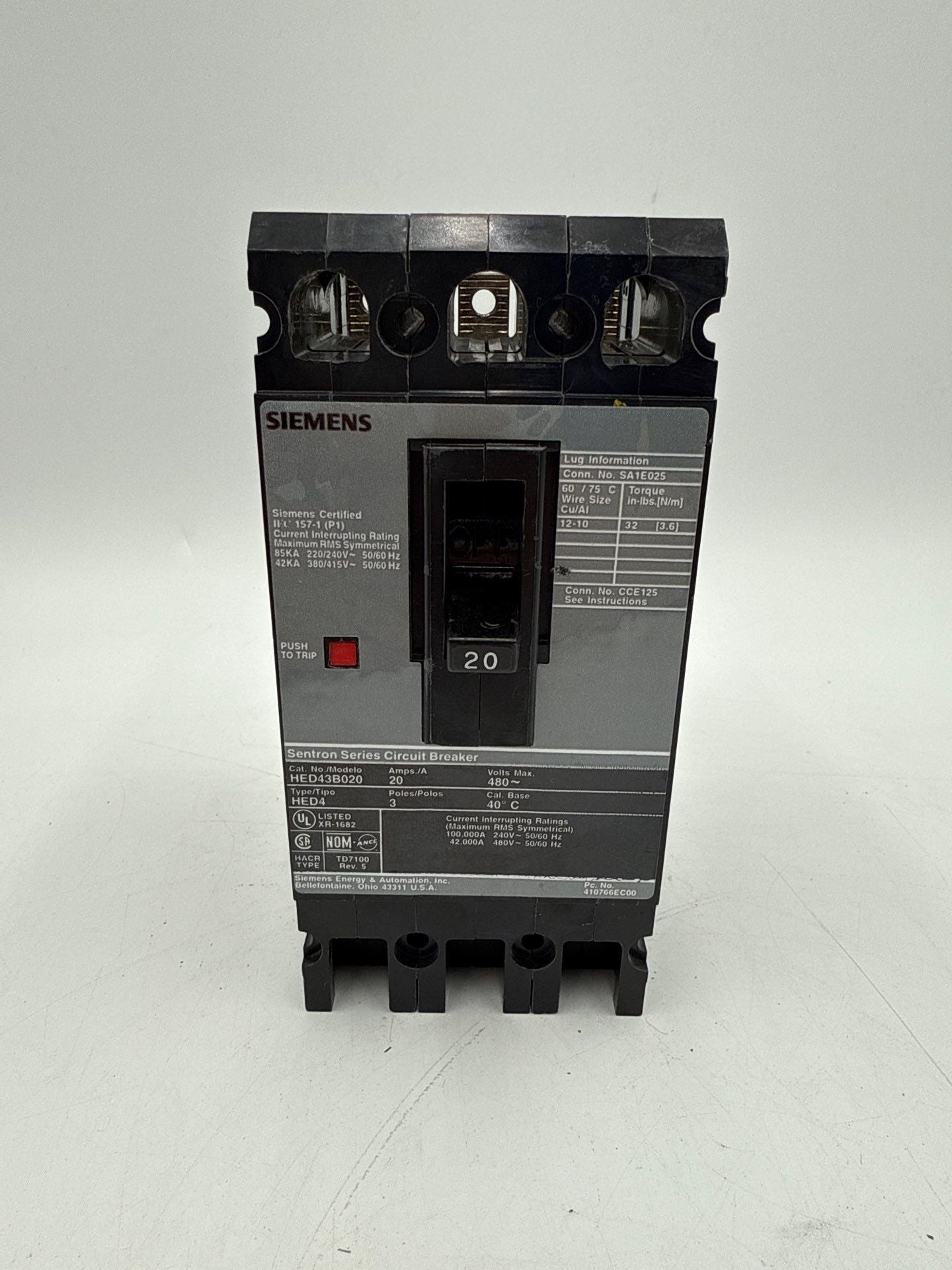 Siemens HED43B020 Circuit Breaker 20A 3P 480V 3PH HED4 20 Amp 3 Pole Gray Used