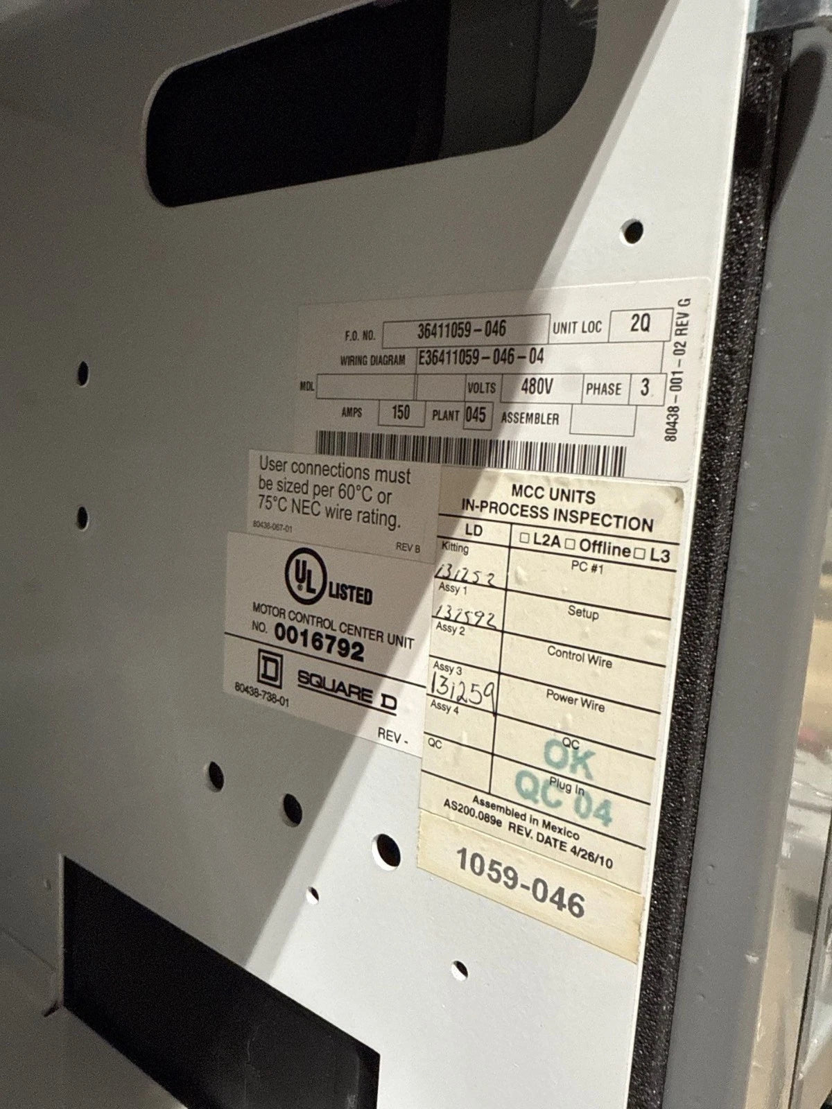 12" Square D Model 6 150A Feeder MCC Bucket HJL36150 Breaker 150 Amp HJL