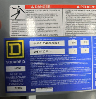 Square D HCM I-Line Panelboard 800A 208/120V 3PH 4W 48Cir MLO HC3291B 800 Amp Panel Used