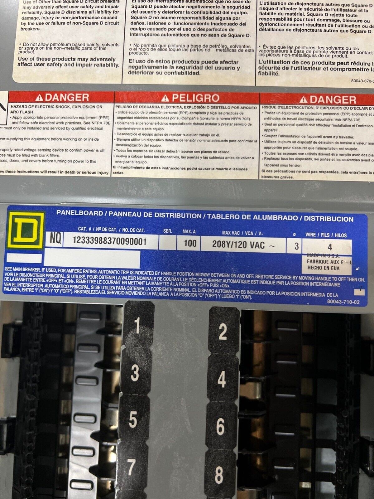 Square D NQ Panelboard 100A 208Y/120V 3PH 4W 30 Circuit Indoor Encl MLO MH32BE P614 Used