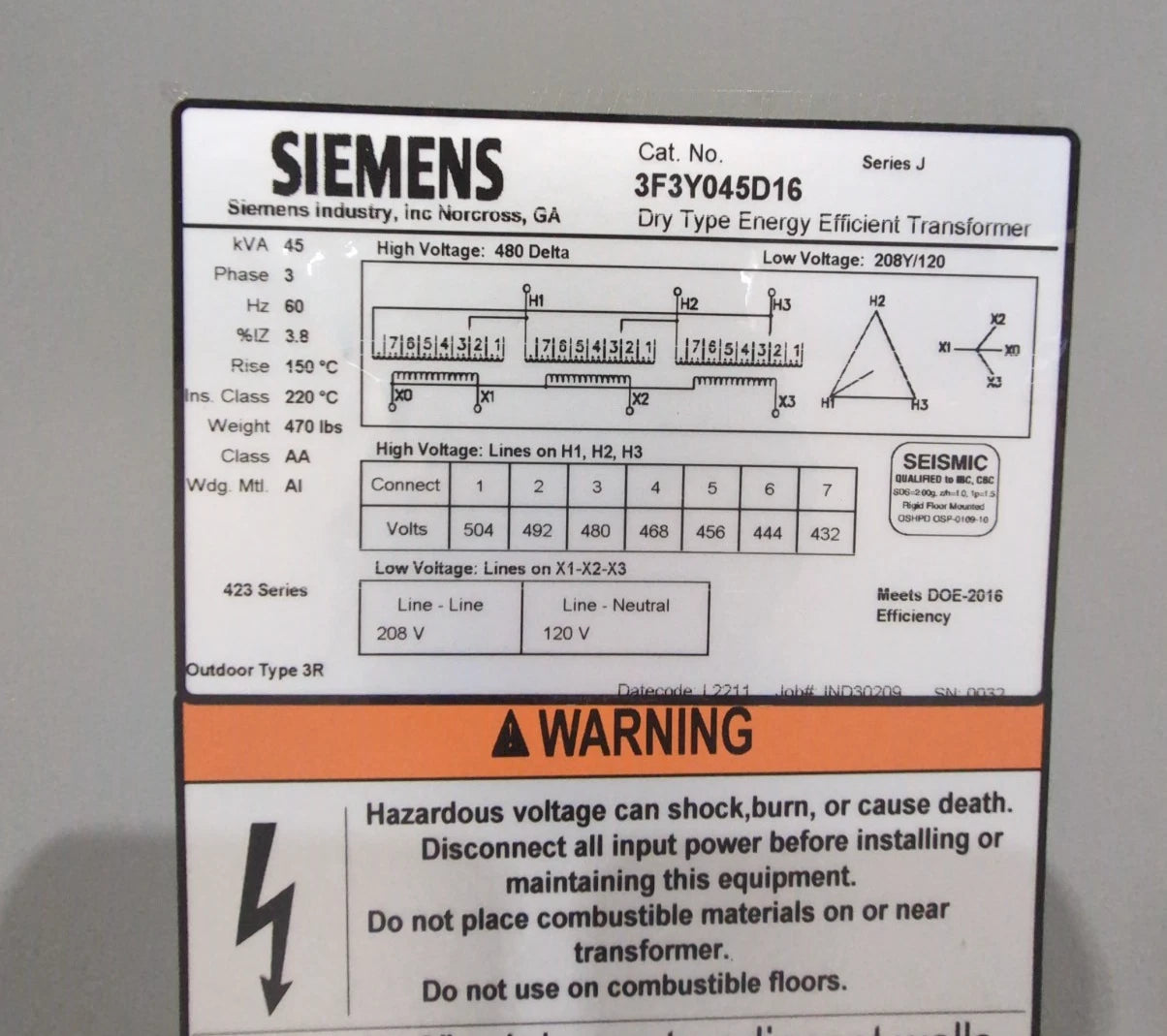 45KVA Siemens 3F3Y045D16 Transformer 3PH Pri 480V Sec 208/120V Outdoor 3R Encl New