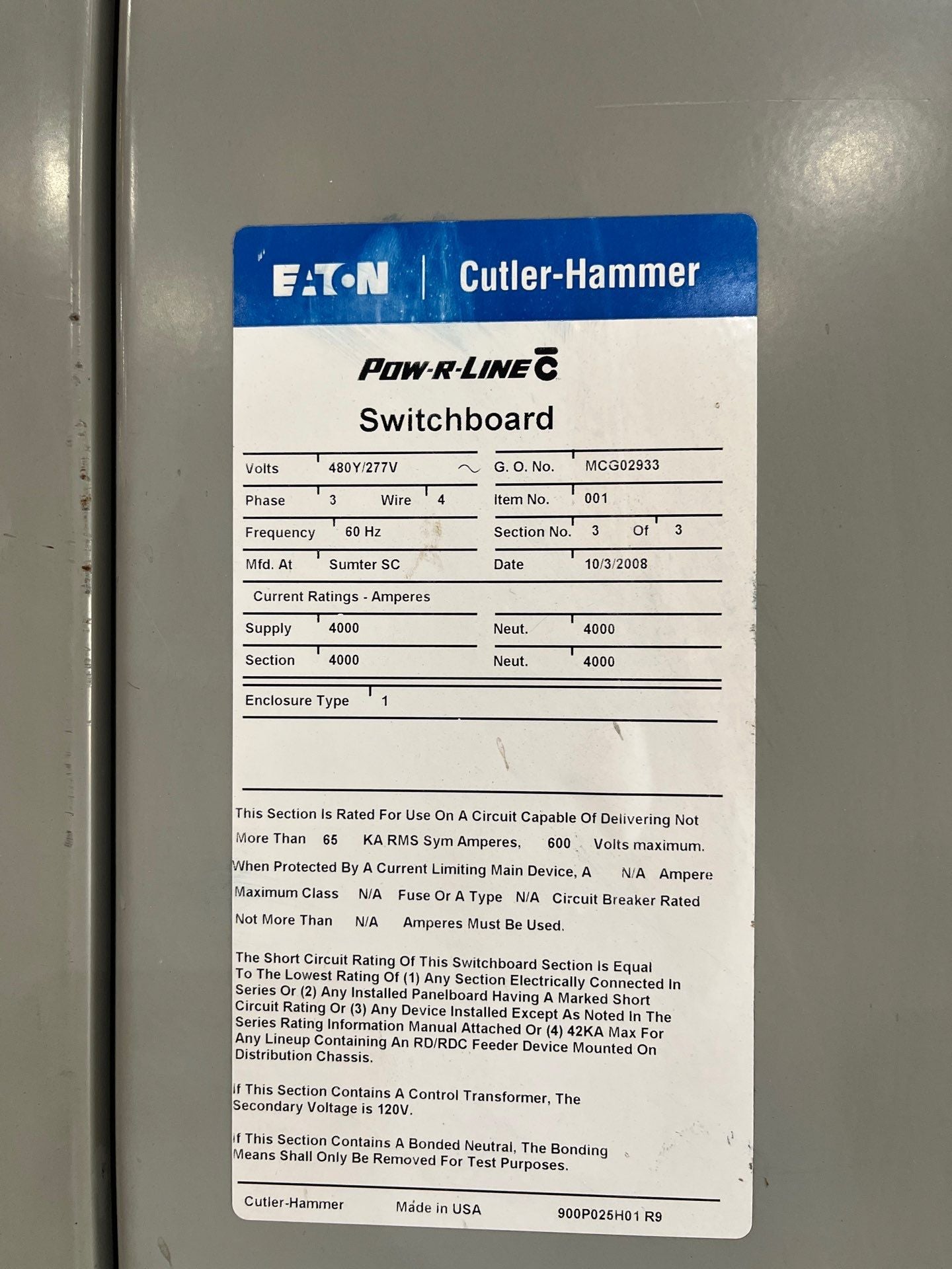 Eaton PRLC Switchboard 3000A 480/277V 3PH 4W MDS6303HEA W/ Distribution LSIG Used