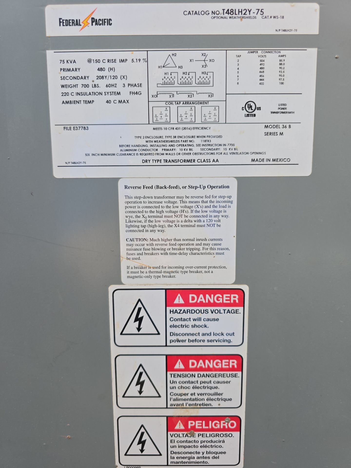 75KVA FPE T48LH2Y-75 Transformer Pri 480V Sec 208/120V 3PH Indoor Model 36B Used