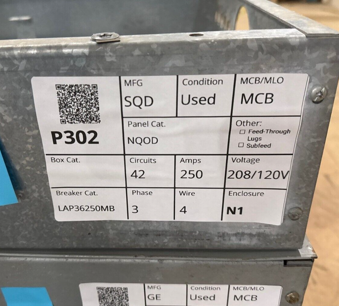 Square D NQOD Panelboard 250A 400A 208/120V 3PH 4W 42 Circuit MCB Indoor Encl P302 Used