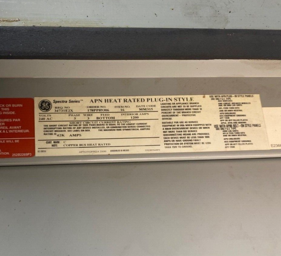 GE APN2312FH2A APN Plug In Panelboard 1200A 240V 3PH 3W Indoor Encl 1200 Amp P494 Used