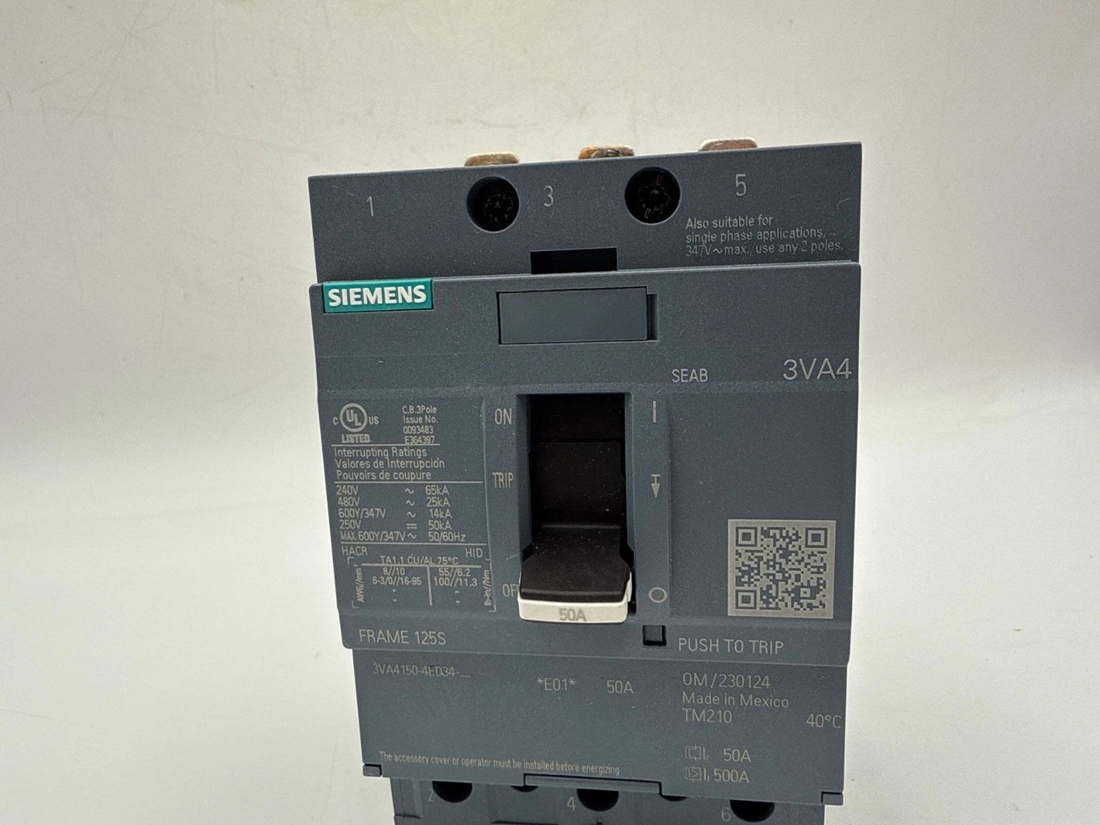 Siemens 3VA4150-4ED34-0AA0 Circuit Breaker 50A 3P 600V Bolt On 50 Amp 3Pole 125S New
