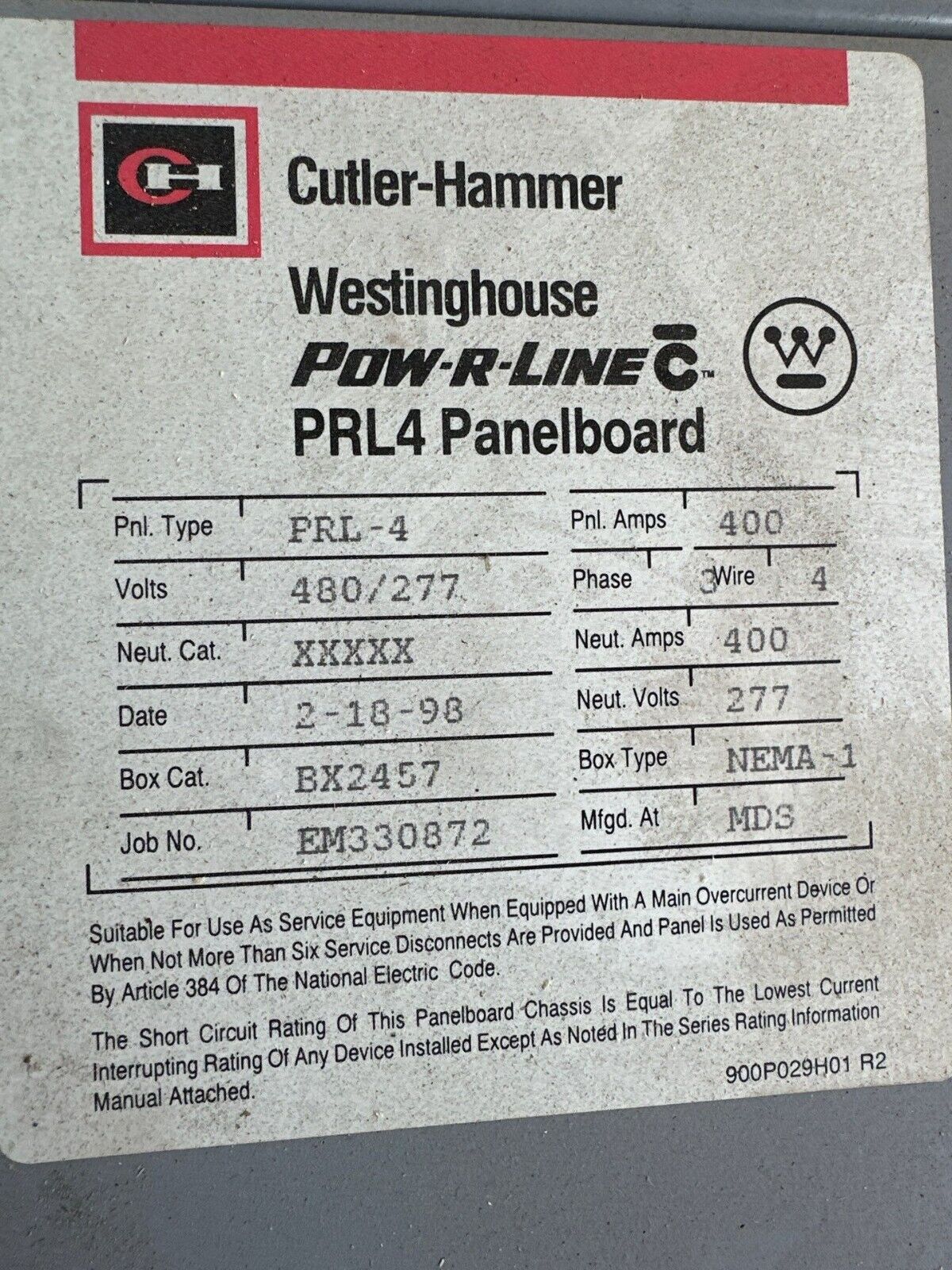 Westinghouse PRL4 Panelboard 400A 480/277V 3PH 4W Indoor Encl BX2457 MLO 400 Amp P023 Used