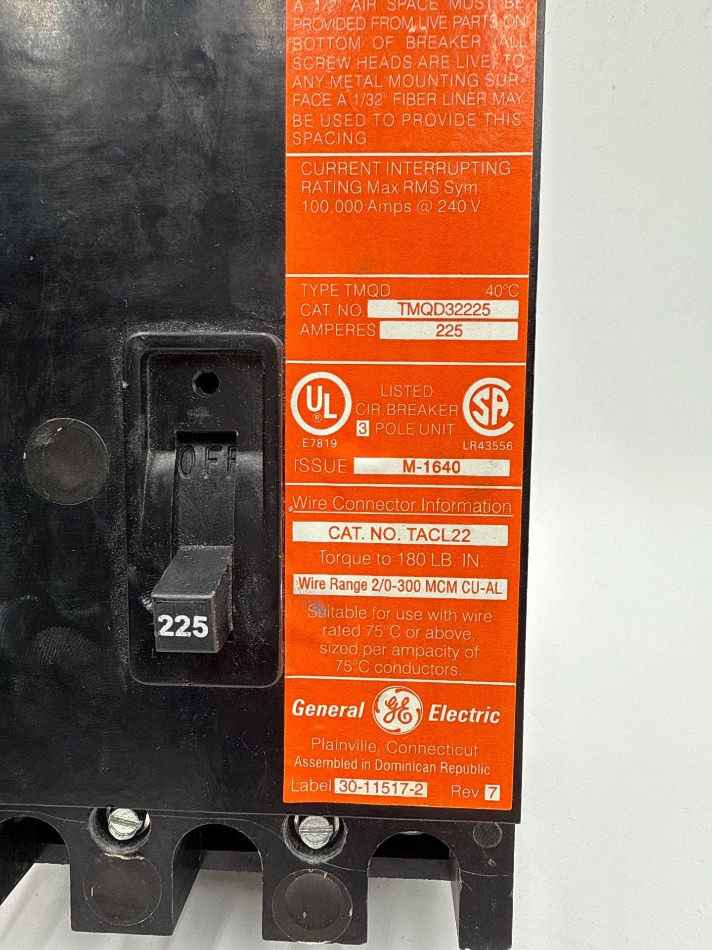 General Electric GE TMQD32225 Circuit Breaker 225A 3P 240V TMQD 225 Amp Used