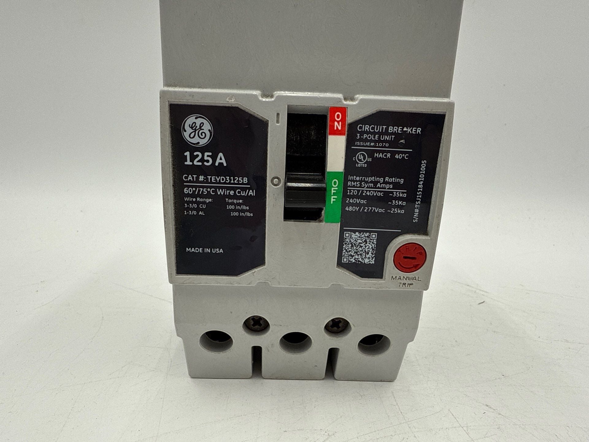 GE TEYD3125B Circuit Breaker 125A 3P 480/277V 3PH TEYD 125 Amp 3 Pole Bolt On Used