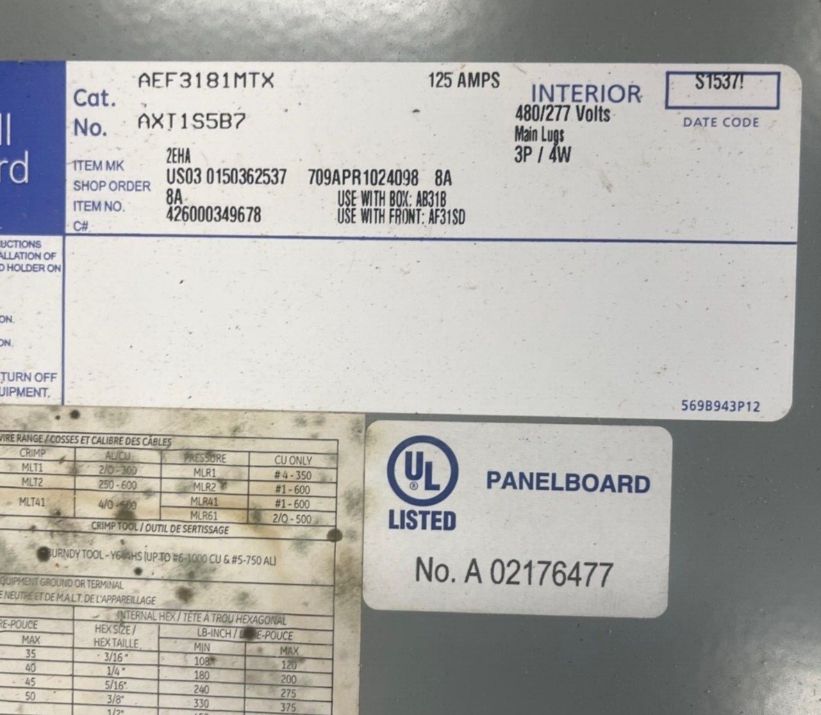 GE AEF3181MTX Panelboard 125A 480/277V 3PH 4W Indoor Encl MLO 125 Amp 18 Circuit P604 Used