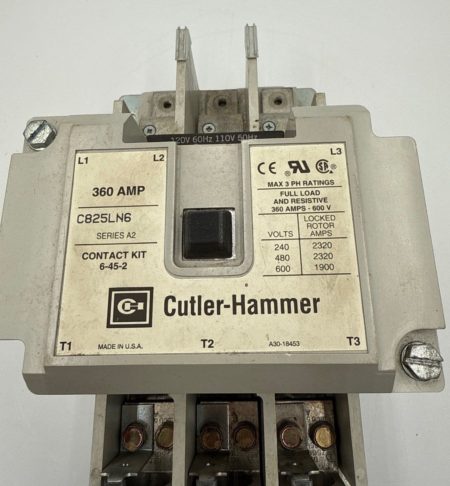 Cutler Hammer C825LN6 Contactor 360A 3P 600V 3PH Series A2 Coil 110/120V Used