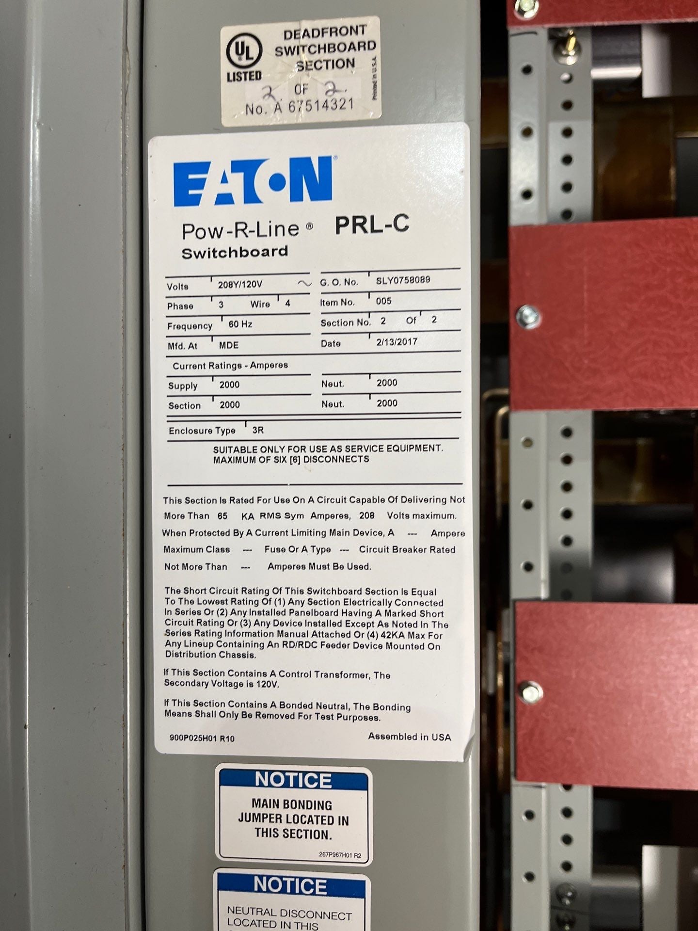 Eaton PRLC Switchboard 1600A 208/120V 3PH 4W 3R Encl MCB RGH316036E LSIG Used