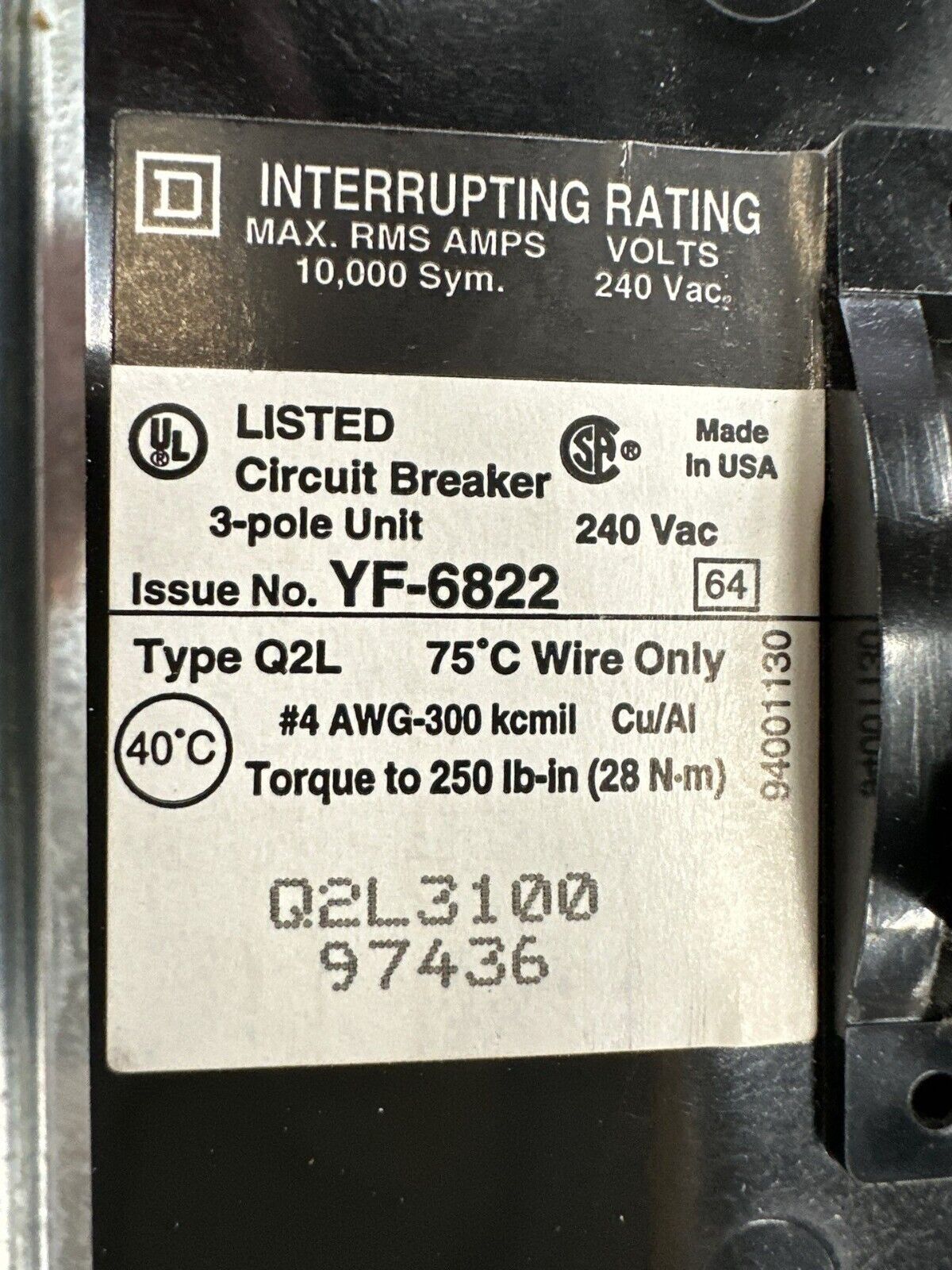 Square D NQOD442M225 NQOD Panelboard 225A 208Y/120V 3PH 4W Main MCB Q2L3100 MH50 P403 Used
