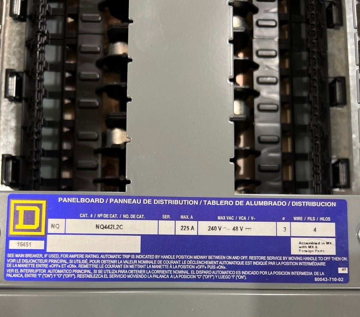 Square D NQ NQ442L2C Panelboard 225A 240V 3PH 4W MLO Indoor Encl 42 Circuit P620 Used