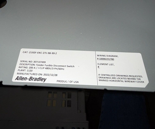 Allen Bradley 2100 200A Fusible Disconnect Feeder 26" MCC Bucket 600V 1494U-D200 New