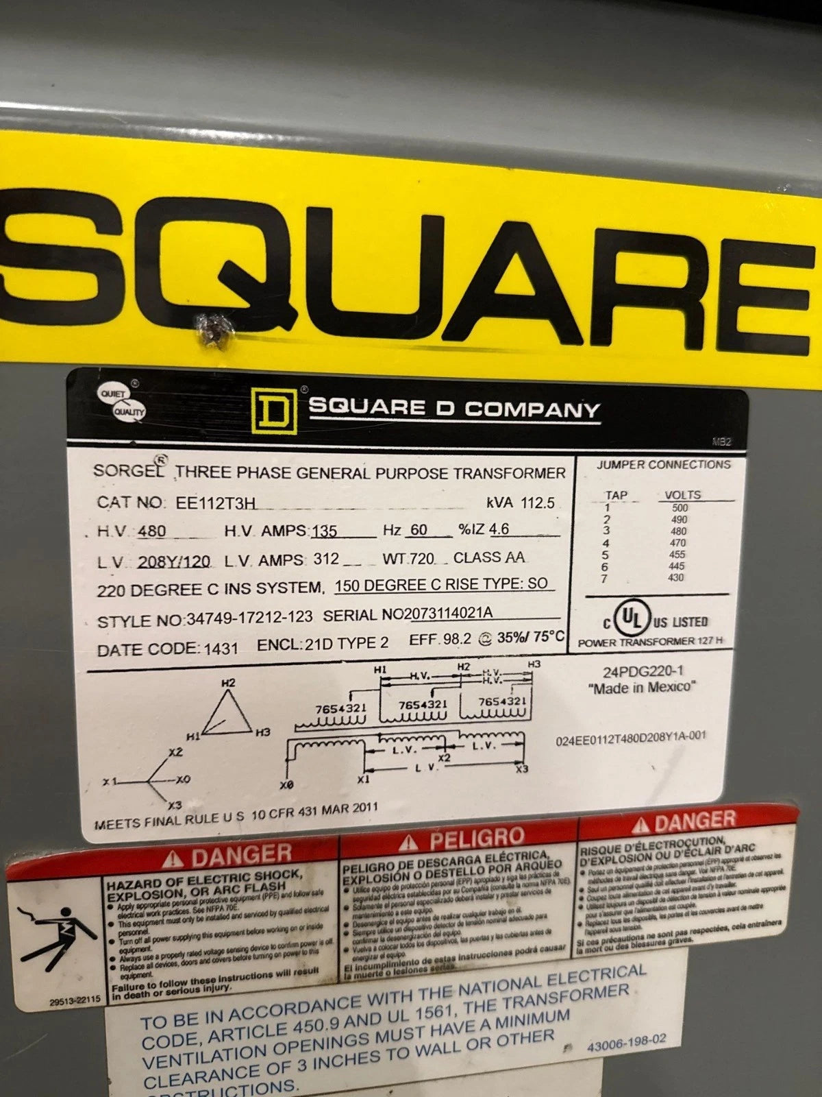 112.5KVA Square D EE112T3H Transformer 3PH Pri 480V Sec 208Y/120V Indoor T281 Used