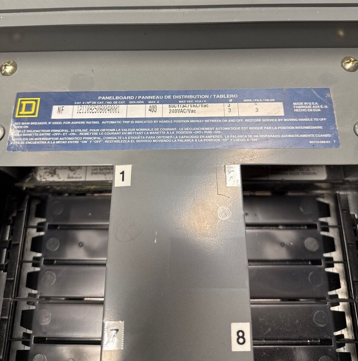 Square D NF Panelboard 400A 600/347V 3PH 4W MLO 54 Circuit Indoor Encl MH62 P564 Used