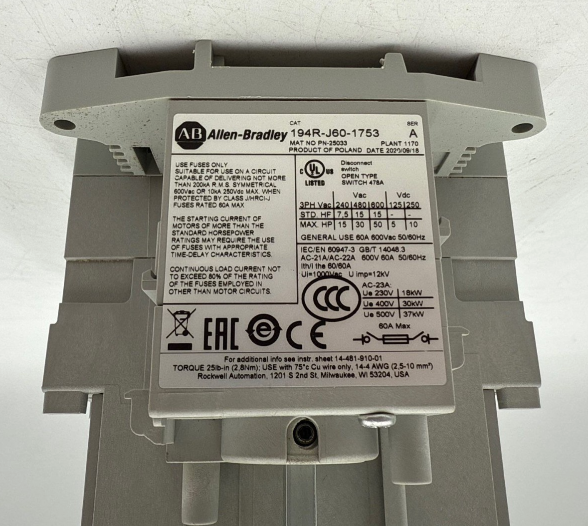 Allen Bradley 194R-J60-1753 Fusible Disconnect Switch 60A 3P 600V DIN 60 Amp Used