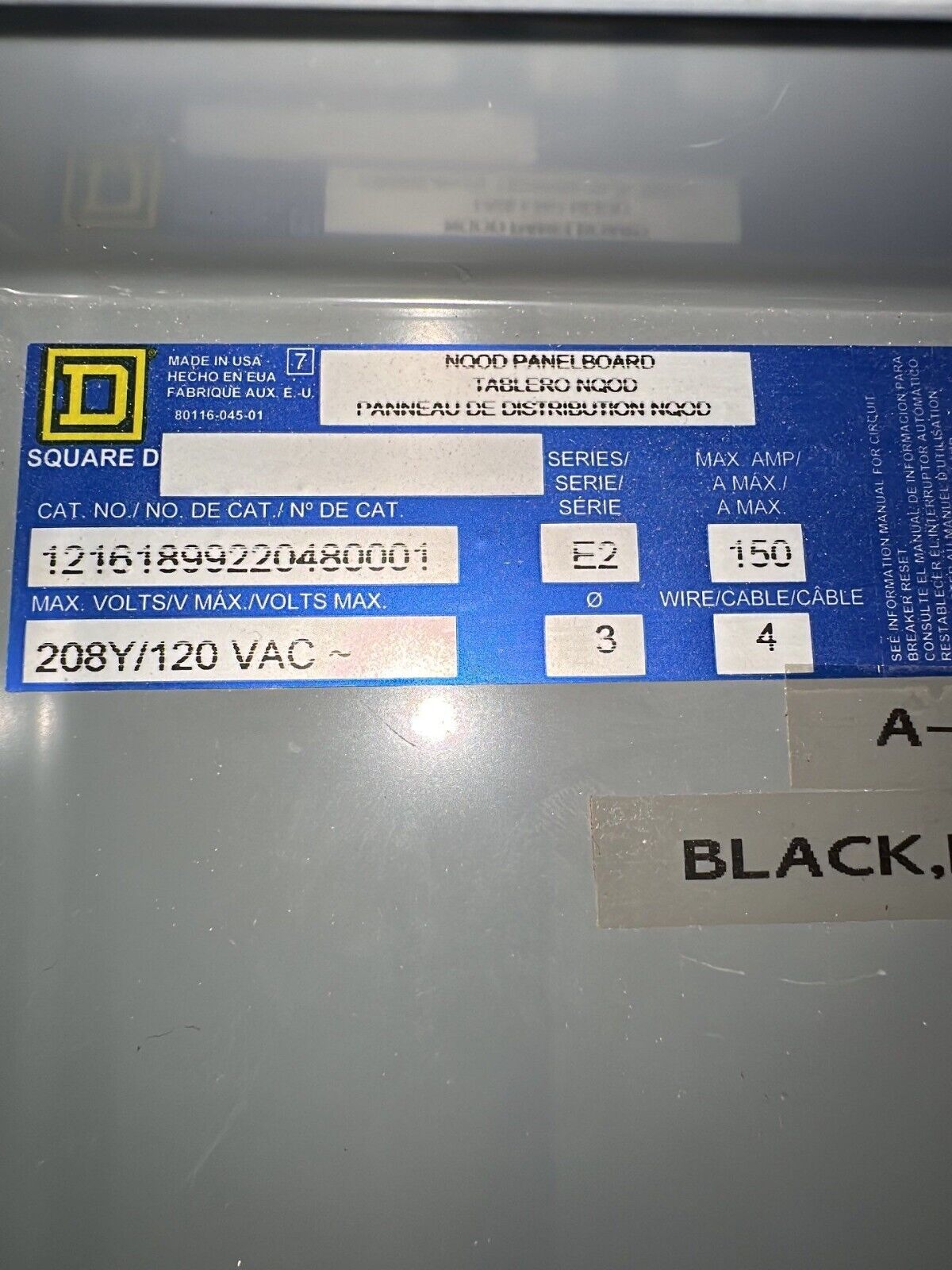 Sq D NQOD Panelboard 150A 208Y/120V 3PH 4W 42 Circuit Main Q2L3150 MCB 150 Amp P253 Used