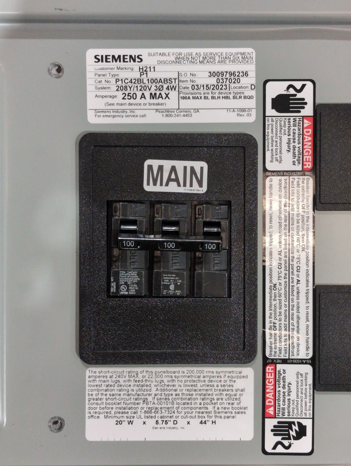 Siemens P1C42BL100ABST P1 Panelboard 100A 208/120V 3PH MCB Panel 100 Amp 42 Cir New