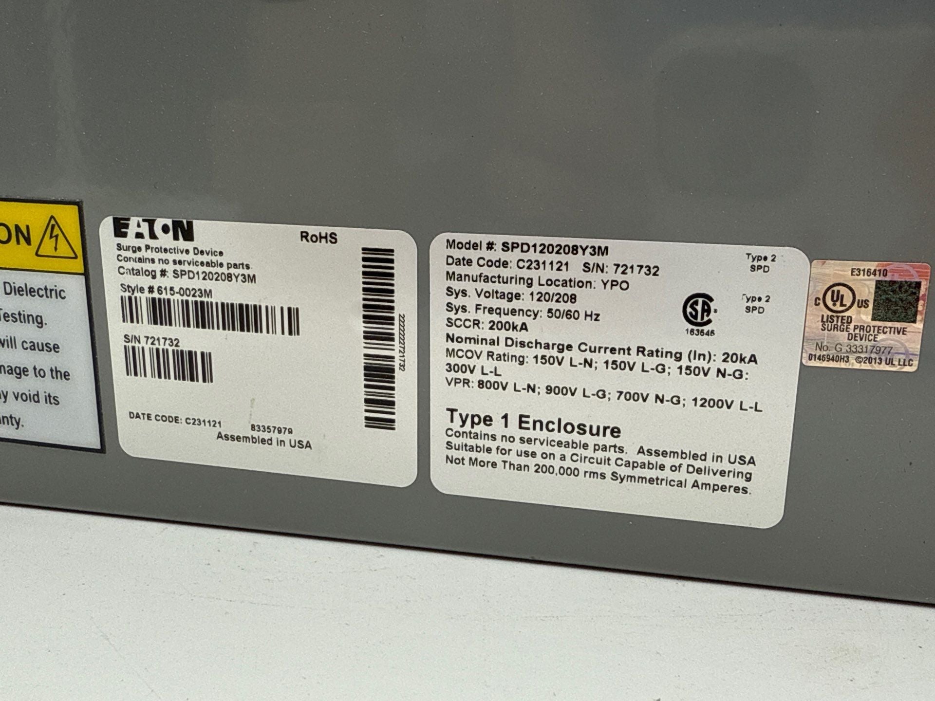 Eaton SPD120208Y3M Surge Protective Device 120kA 120/208V Wye NEMA 1