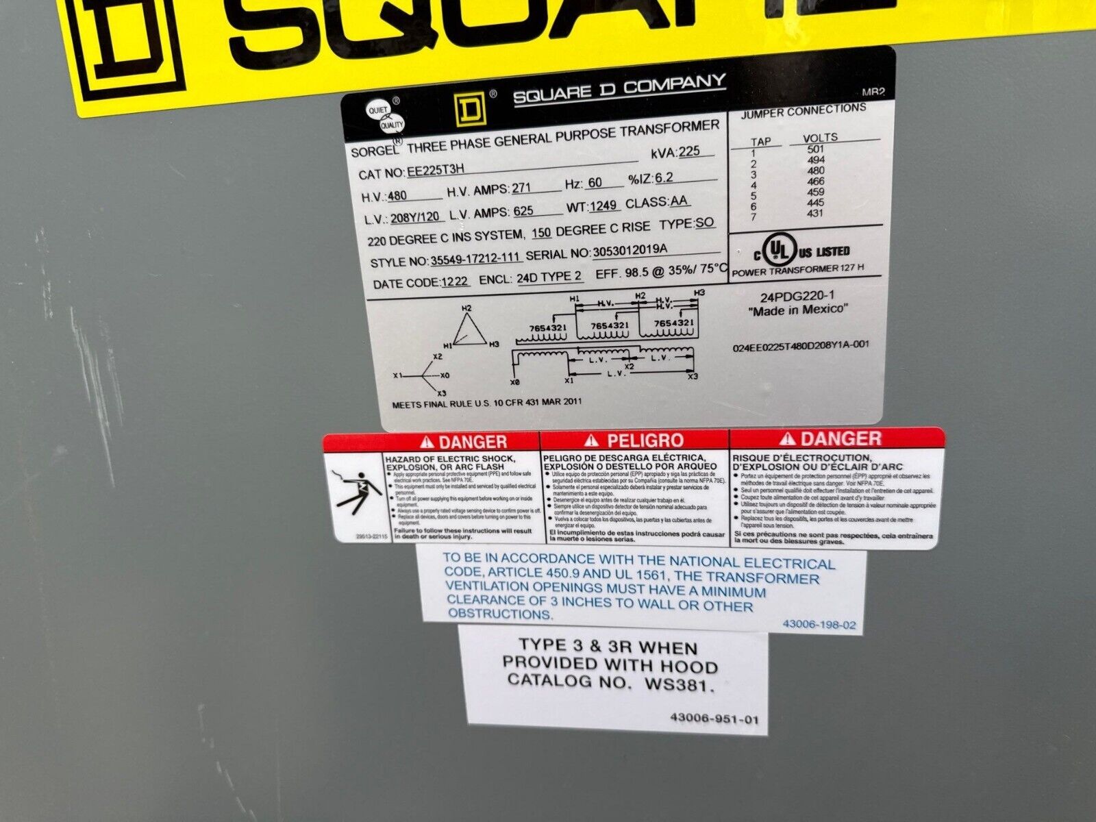 Square D EE225T3H Used