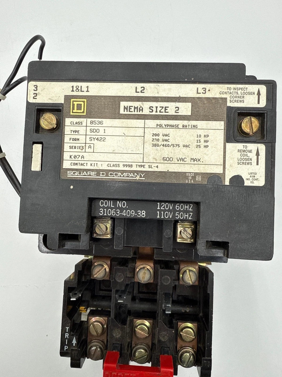 Square D 8536SD01 Starter NEMA Size 2 3P 600V 3PH 25HP Coil 110/120V 8536SDO1 Used