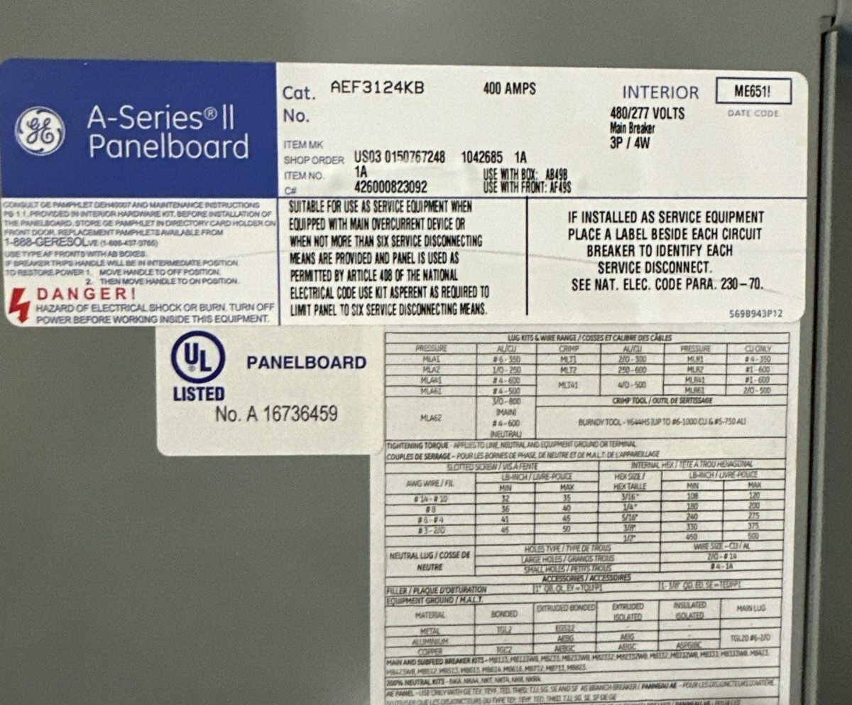 GE AEF3124KB Panelboard 400A 480Y/277V 3PH 4W 18 Circuit Indoor Encl MCB 400 Amp P548 Used