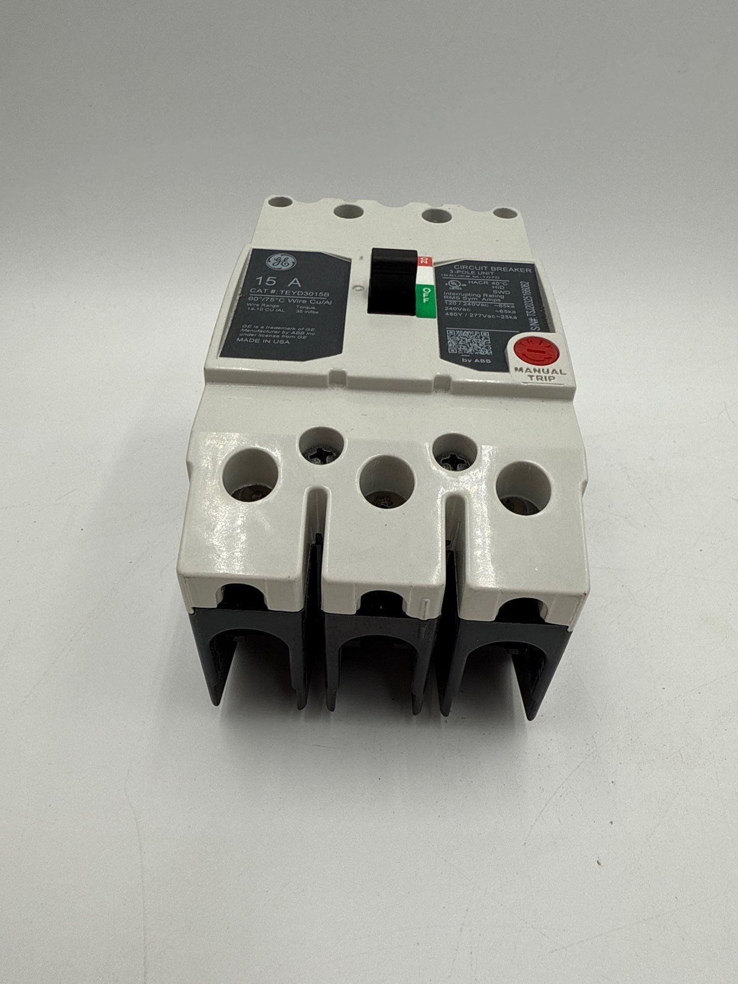 GE TEYD3015B Circuit Breaker 15A 3P 480/277V 3PH TEYD 15 Amp 3 Pole Bolt On Used
